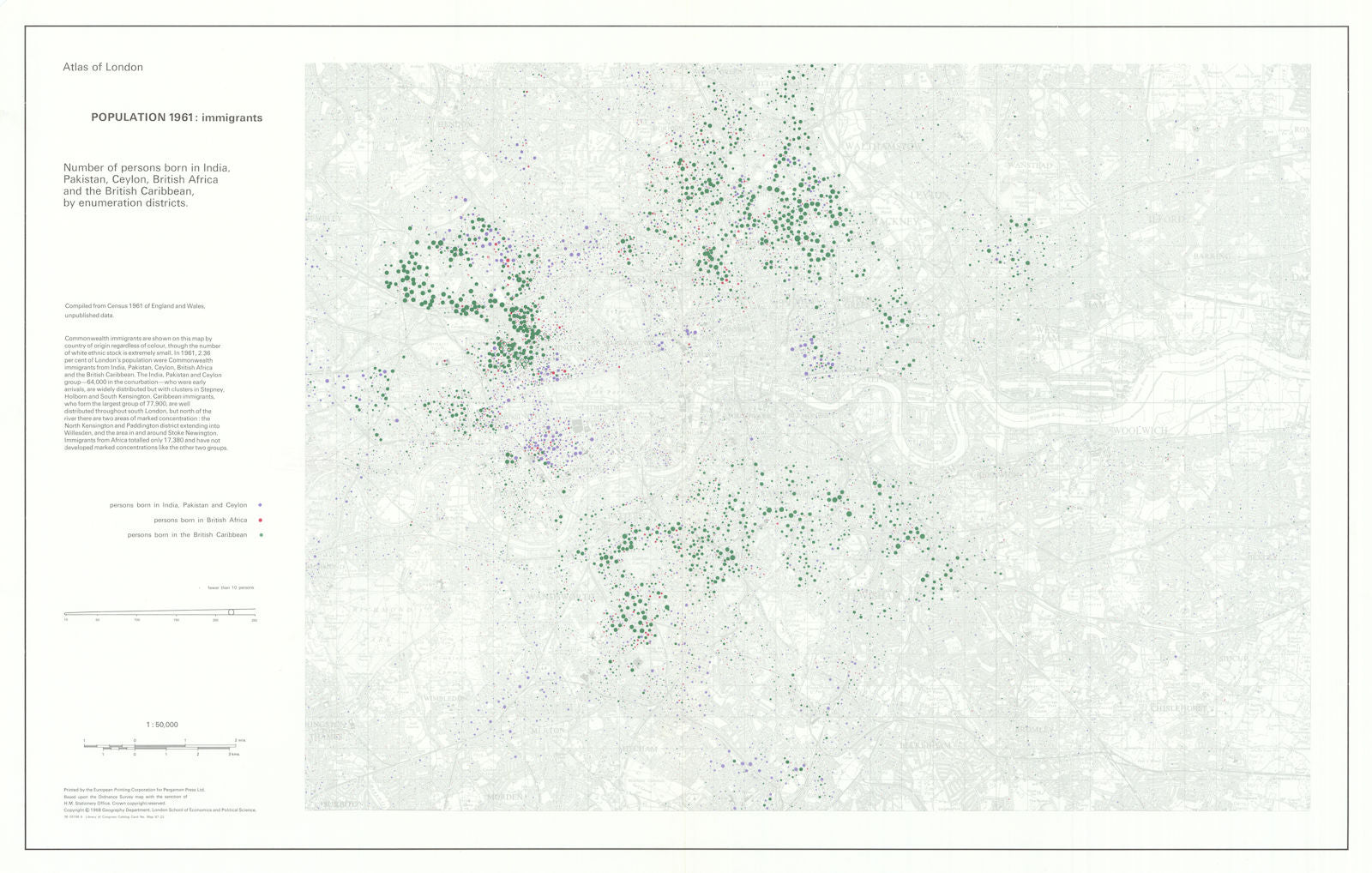 London - 1961 South Asian, African & Caribbean immigrant population 1968 map